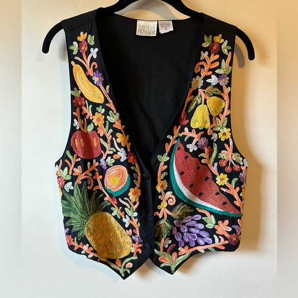 Moda International Tops - Moda International Embroidered Fruit and Flower Vest Unique Artsy